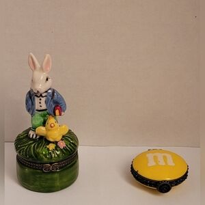 Boyds Bear M&M Yellow Candy & Porcelain Bunny Collectible Trinket Boxes  Easter